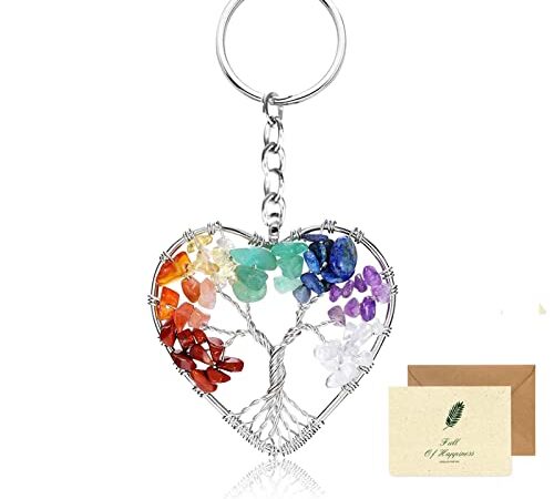 Arbre de Vie Porte Clef Original, Coeur 7 Chakra Guérir Cristal Arbre de Vie Porte Clef Femme Chic Bijoux Pendentif Porte Clé Porte Bonheur avec Carte