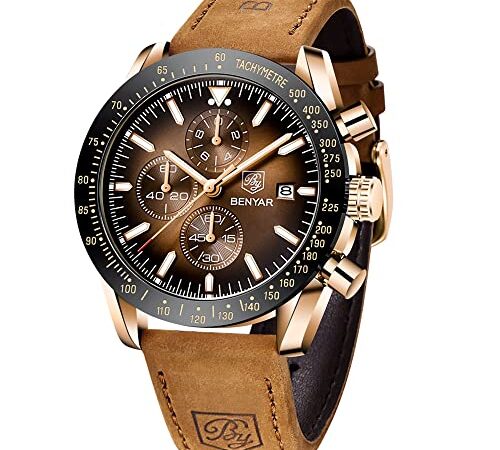 BENYAR Montre Homme Montres Etanche Chronographe Lumineuses Classique Montres Bracelet en Acier Inoxydable Grand Cadran Date Analogique et Anti-Rayures Cadeau élégant