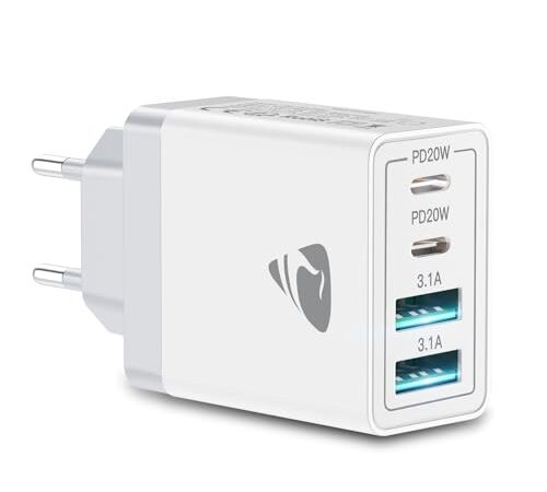 Chargeur USB C, 40 W 4 Ports USB C Charge Rapide USBC Double Port PD+QC, Multiport Type C Chargeur Compatible avec iPhone 15/14/13/12/11/Pro Max/XS/XR/8/7/téléphone Samsung/Tablette