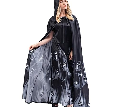 Chitomars Deguisement Halloween Femme, Fantôme Cape à Capuche et Robe Longue Cosplay Cape de Vampire ou Sorcière Costume Halloween Carnaval Médiéval Adulte Costume (M)