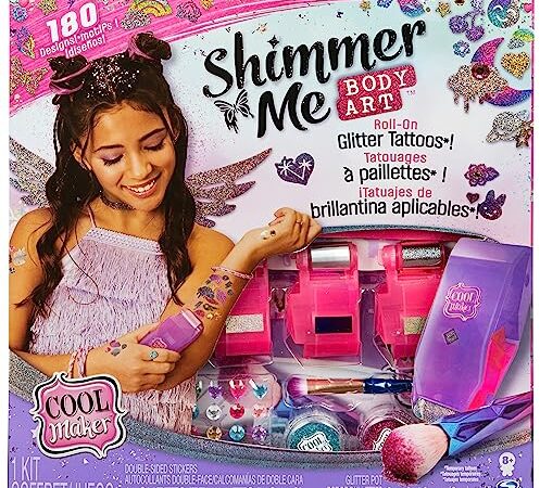 COOL MAKER - SHIMMER ME BODY ART - Coffret Tatouages Éphémères Personnalisables Avec 180 Motifs, Cartouches de Couleur Pinceau et Strass Paillettes - Fun et Facile - 6061176 - Jouet Enfant 8 Ans et +