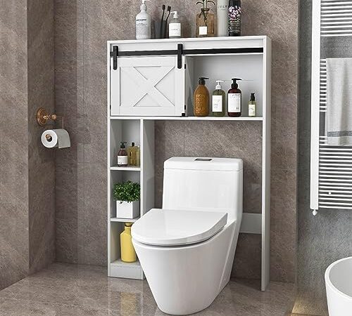 COSTWAY Meuble WC au-Dessus de Toilettes en Bois avec Porte Coulissante, Meuble de Rangement Moderne de Salle de Bain avec Dispositif Anti-basculement, 84 x 17 x 128 cm (Blanc)