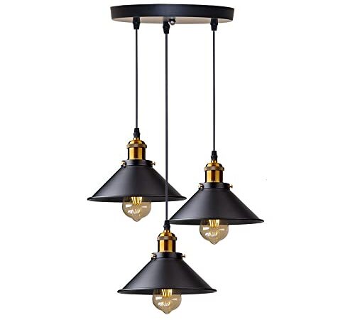 DELIPOP 3 Lumières Suspension Rétro Industriel Plafonniers Design Edison Métal Lustre Suspension avec Support de Plaque Circulaire, Ø 22cm, Noir