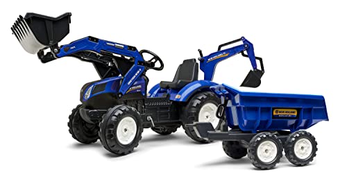 FALK - Tractopelle à pédales New Holland avec excavatrice et remorque basculante - Dès 3 ans - Fabriqué en France - pelle frontale et excatrice articulées - Remorque basculante - Siège rotatif - 3090W