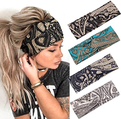 Fashband Bandeaux larges Bandeau élastique pour cheveux vintage Écharpe de yoga Accessoires pour cheveux pour femmes et filles (lot de 4)