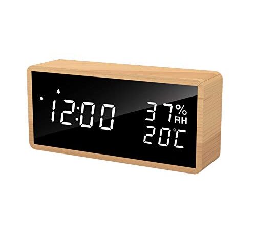 Flysocks Réveil Numérique en Bois, Réveil Électronique avec 3 Réglages d'Alarme, Horloge Numérique Alimenté par USB Réveil Snooze avec Affichage LED de l'Heure, de la Température et de l'Humidité