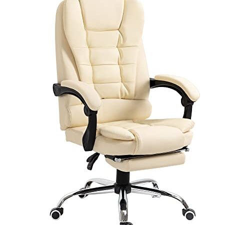 HOMCOM Fauteuil de Bureau Fauteuil Manager Grand Confort Dossier inclinable roulettes P.U 64,5 x 69 x 127 cm crème