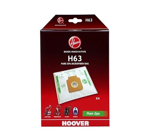 Hoover H63 Sacs, Originaux, en Microfibre, Pur EPA, système Anti-Odeur aux Charbons Actifs, compatibles avec les Aspirateurs Brave, Capture, Flash, Freespace, Sprint. 4 pcs