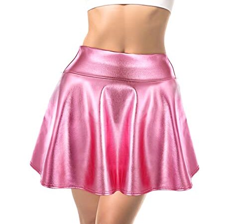 Jupe Plissée Métallisée pour Femme Mini Jupe de Skate Brillante PU Jupe Parapluie Extensible Costume des Années 80 et 90 Femme Alien Costume Halloween Carnaval Dance Show Jupe (Rose)