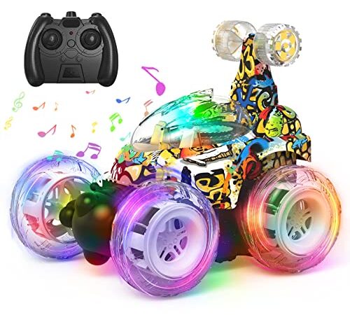 Kizeefun Voiture Télécommandée Tout Terrain, 4WD Voiture rc Rotation à 360 Degrés, 2.4GHz Voiture Radiocommandee, LED Lumière Avant et Arrière, Câble USB, Cadeaux pour Filles et Garçons