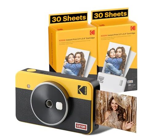 KODAK Mini Shot 2 Retro 4Pass Appareil Photo instantané 2 en 1 avec imprimante Photo (5,3 x 8,6 cm) et 1 Paquet de 68 Feuilles, Jaune