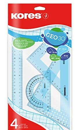 Kores - Geo30 : Coffret de Mathématiques à 4 Pièces pour Enfants et Étudiants, Coffret de Géométrie en Plastique avec Règle, Rapporteur et Équerre, Fournitures Scolaires, Coffret de Couleurs Assorties