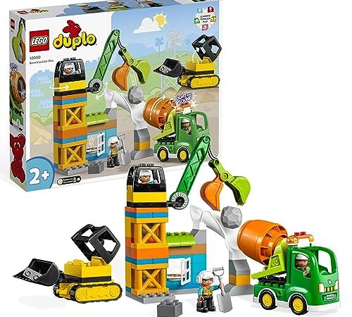 LEGO 10990 Duplo Ma Ville Le Chantier de Construction avec Grue, Bulldozer et Bétonnière, Jouet Sensoriel, Grandes Briques, avec Sons et Lumières, Garçons et Filles Dès 2 Ans