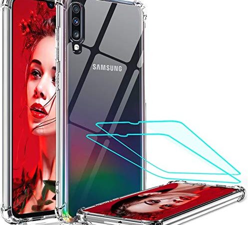 LeYi Coque pour Samsung Galaxy A70 / A70S avec 2 Pcs Verre Trempé, [ Renforcer la Version] Technologie Coussins d'air Full Body Antichoc Bumper Housse Cristal Silicone TPU Rigide Protection Etui