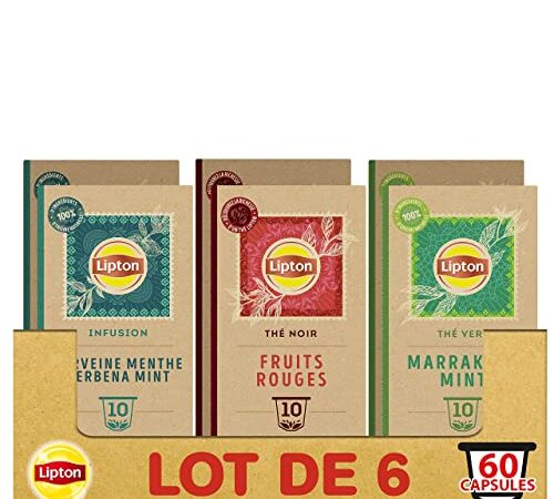 Lipton Assortiment de 3 Thés en Capsules Compatibles Nespresso : Thé Vert Marrakech Mint, Infusion Verveine Menthe, thé Noir Fruits Rouges, Compatibles Machines Nespresso, x60 capsules