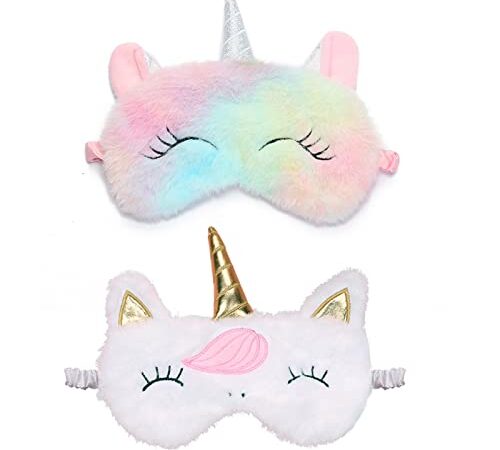 Lot de 2 Animaux Masque pour Les Yeux de Sommeil, VEGCOO Masque de Sommeil Enfant en Peluche Mignon 3D Moelleux Masque, Masque De Nuit Enfant Pour Voyage Enfant Adults