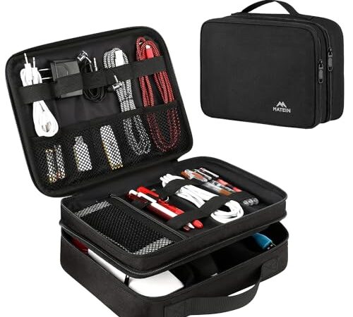 MATEIN Électronique Multifonctionnel Sac Câble Portable Étanche Pochette Rangement Accessoires Sacoche Organisateur Universelle pour Clé USB, Carte mémoire, Chargeur, Power Bank, 2 Couche, Noir