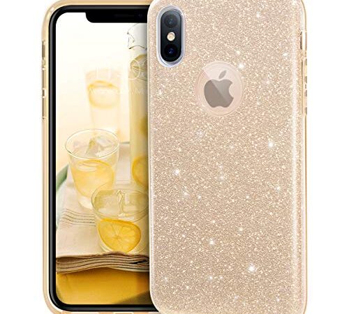 MATEPROX Coque iPhone X, Coque iPhone XS Brillant Glitter Shining Protecteur 3 en 1 Conception Coque pour 5.8 Pouces iPhone X/XS-Or