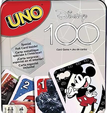 Mattel Games UNO Disney Jeu de 100 cartes dans boîte de rangement et de voyage pour enfants, adultes et nuit en famille, jeu à collectionner, HPY58