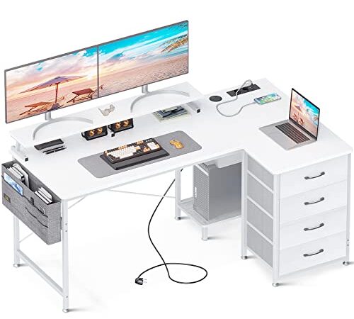 ODK Bureau en L avec Prise de Charge USB et Prise de Courant, Bureau d'angle Blanc avec 4 Tiroirs et Tablette pour écran Table d'ordinateur en L pour Le Travail à Domicile (Blanc, 140x80x84.7cm)