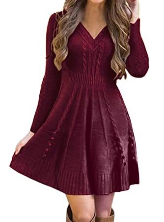 ORANDESIGNE Robe Femme Élégante Robe Pull d'hiver Femmes en Col Rond A-Ligne Taille Haute Tressage De Mode Chaude Longueur Au Genou B Rouge XL