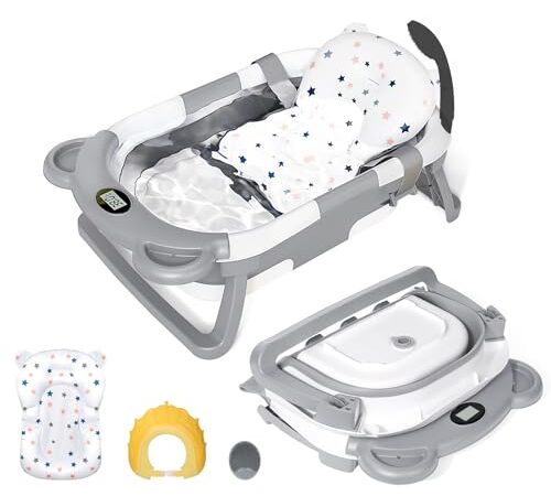 Orzbow Baignoire Pliable Bébé,Baignoire Enfant avec Thermomètre, Coussin Tapis de Bain BéBé,Brosse de Bain et Bonnet de Douche,Trou de Drainage et Pieds Antidérapants,pour Bébé de 0 à 24 Mois (Gris)