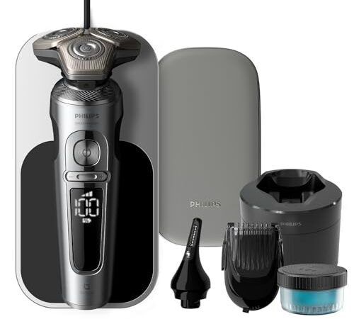 Philips Rasoir électrique Series 9000 Prestige, chrome brillant, système de rasage Lift & Cut, technologie SkinIQ, styler la barbe, tondre le nez, socle de recharge Qi, (modèle SP9885/35)