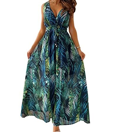 TOPLAZA Robe de Plage Longue Femme Décolleté en V Impression de Plantes Tropicales, Vert, XL