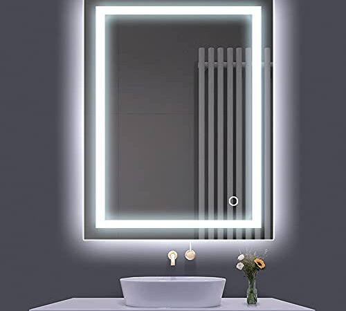 Turefans Montage mural Miroir de salle de bain, Miroir LED, 22W + blanc froid + interrupteur tactile (50 x 70 cm)