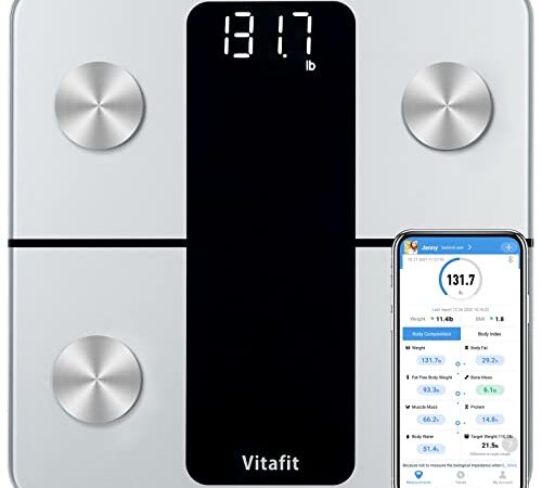 Vitafit Balance Pese Personne, Balance Connectée Bluetooth Pèse Personne Impédancemètre, Balance Impedancemetre avec 13 Données Corporelles (BMI/Graisse Corporelle/Masse Osseuse/BMR/Muscle), Argent