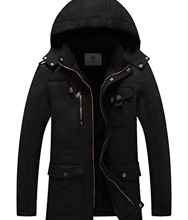 WenVen Homme Parka Hiver à Capuche Détachable Fousse Fourrure Manteau Hiver Parka Chaude Slim Fit Veste en Coton Blouson Hiver Longue Noir L