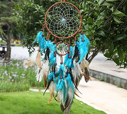 Zueyen Attrape-rêves fait à la main avec plumes et perles exquises pour décoration murale de la maison, décoration d'art traditionnel, pour enfants/voitures/chambre/cadeau (bleu sarcelle)