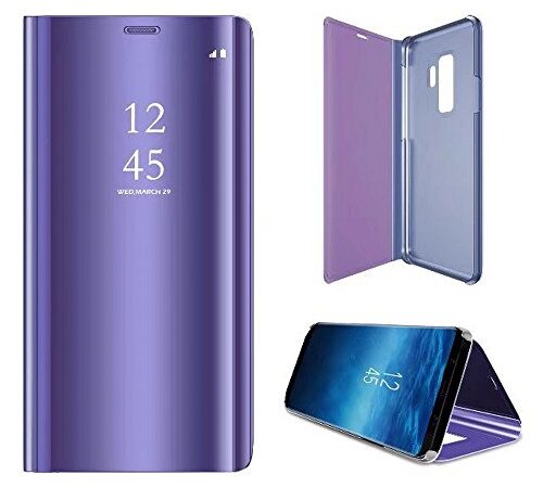 2ndSpring Coque pour Samsung Galaxy S9,Flip Miroir Coque Dur PC Plastique Housse Plating Case Façade Semi Transparante Standing View Cover Etui pour Galaxy S9,Violet