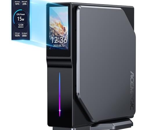 ACEMAGIC S1 Mini PC avec écran LCD, Intel Alder Lake-N95 (jusqu'à 3,4GHz) Mini Ordinateur de Bureau Vertical, 16Go DDR4 512Go M.2 SSD Mini Tour PC, avec lumière RGB/Dual LAN/WiFi 5/ BT 4.2/4K UHD.