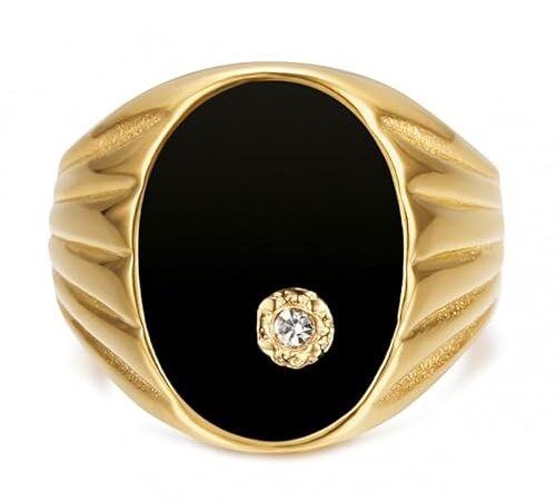 BOBIJOO Jewelry - Bague Chevalière Homme Ovale Onyx Noir Diamant 20mm Acier Inoxydable Or Doré Plaqué - 63 (10 US)