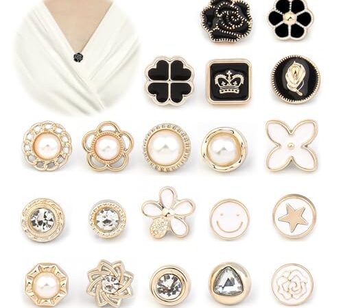 Broche Femme Vetement Decollete, 20pcs Pin Fixe Anti Exposition Set Epingles à Boutons de Chemise Pins Crocs Fantaisie Broche de Fleurs Perles Originales pour Fermer un Décolleté Robe Manche Manteau