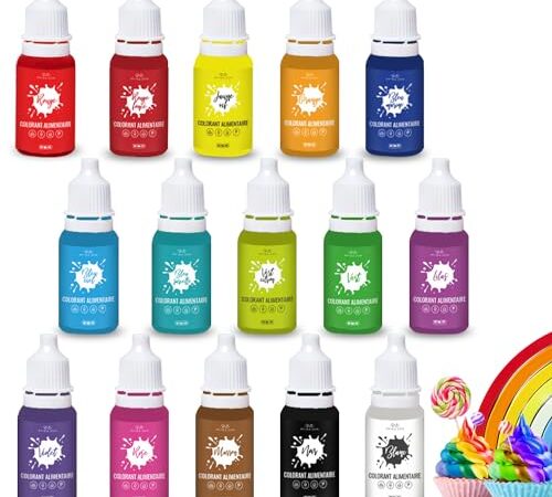 Colorant Alimentaire Liquide Concentré [ 15 Coloris – 100% Comestible ] Peinture Alimentaire pour Pâtisserie, décor gâteau, crèmes, macarons, pâte à sucre, slime (Liquide)