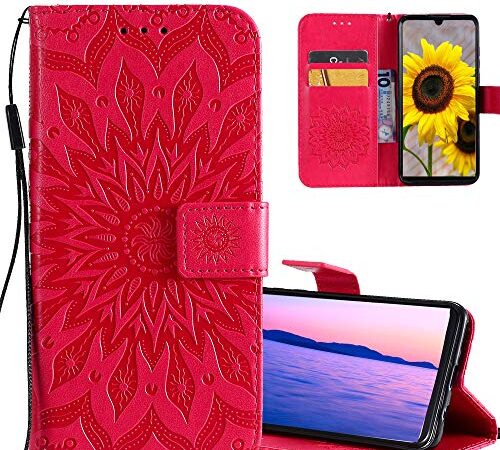 COTDINFOR pour Google Pixel 3A Coque Premium PU Leather Rétro Elégant Ultra-Mince Antichoc Magnétique Portefeuille Case Cover Ceinture Fente Carte pour Google Pixel 3A Red Sunflower KT.