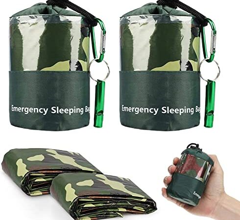 EEEKit Sac De Couchage d'urgence, 2PCS Sacs De Bivouac De Survie Légers Et Imperméables, Couvertures Thermiques d'urgence avec Sifflet De Survie pour Le Camping, La Randonnée