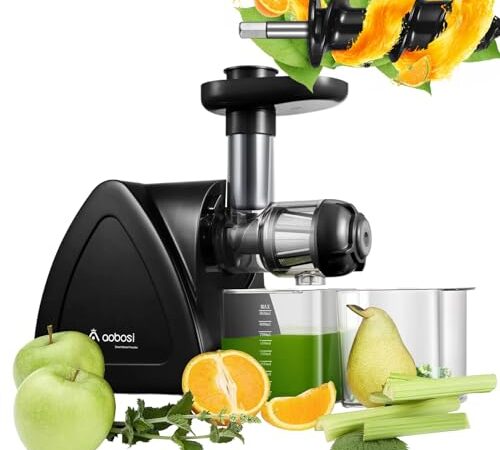 Extracteur de Jus, Aobosi Sans BPA extracteur de jus de fruits et légumes avec Fonction Reverse,Moteur Silencieux, Rendement élevé en jus, livré avec un gobelet à jus et une brosse de nettoyage,noir