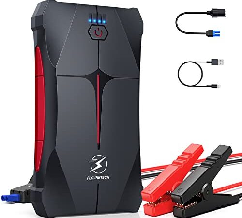 FLYLINKTECH Booster Batterie 1500A 13200mAh 12V Démarreur Batterie Voiture Supersafe(Jusqu'à 6,0L Essence 5,0L Diesel) Jump Starter avec Lampe LED, Pince Sécurité Intelligentes, Allume-Cigare EC5