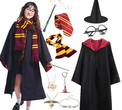 JMOCD Costume de Magicien Adulte Enfant, Ensemble de Halloween Deguisement Cape avec Lunettes, Baguette Magique Lumineuse, Écharpe et Cravate Accessoires pou Garçons Filles Adolescent (Enfant, 145CM)