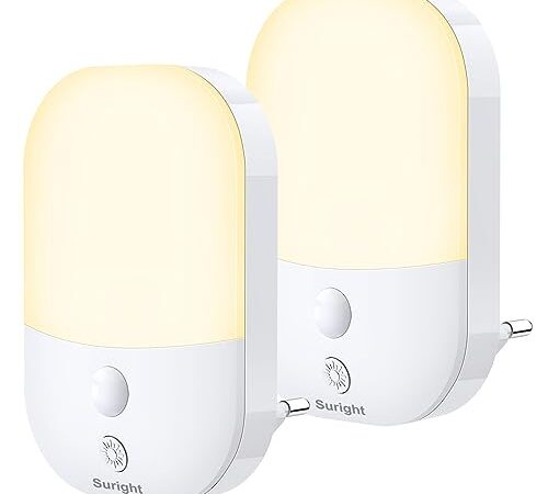 Lot de 2 Veilleuses LED, Lampe Nuit Automatique 5 Niveau Luminosité avec Capteur de Crépuscule, Veilleuse Enfant Plug and Play pour Chambre Bébé, Cuisine, Couloir, Escalier, Salon, Blanc Chaud