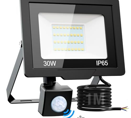 nipify 30W Projecteur LED Exterieur Detecteur de Mouvement, 6500K Projecteur Exterieur LED, 3000LM Étanche Spot LED Extérieur, Eclairage Exterieur pour Patio Jardin Garage Cour Entrepôt Blanc Froid