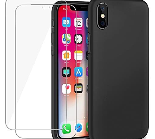 SOGUDE Coque pour iPhone X, Coque pour iPhone XS, 2 Pièces Verre Trempé Protection écran pour iPhone X/XS + Souple Premium Silicone TPU Housse Case pour iPhone X/XS, Noir