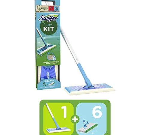 Swiffer Wet Kit, Balai-Laveur + 6 Lingettes Humides Nettoyantes Pour Sols Humides, Antibactérien, Dissout, Absorbe Et Emprisonne La Saleté, Tête Pivotante 360°