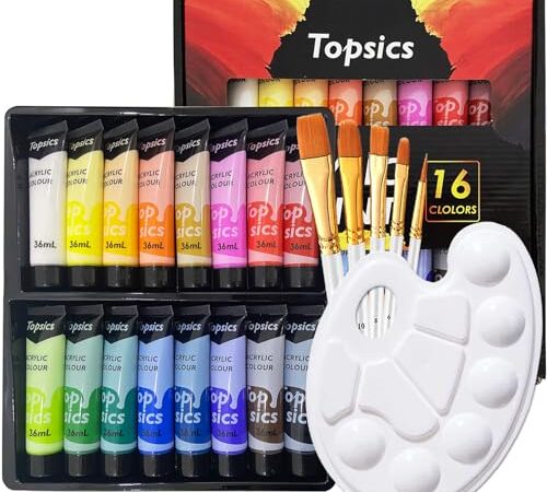 Topsics Set de Peinture Acrylique, avec 16 Tubes 36ml Pigment Acrylique avec 5 Pinceaux 1 Palette pour Artistes Débutant, Papier, Toile, Bois, Céramique