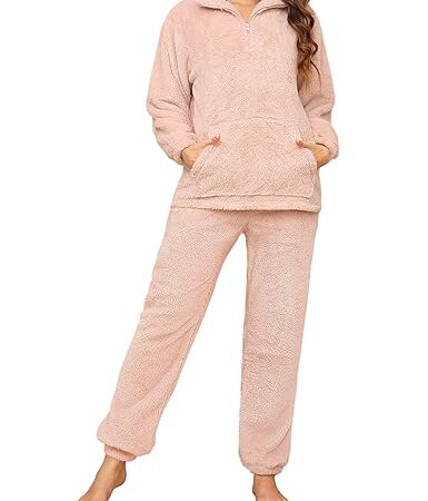 Tuopuda Pyjama Femme Hiver Pilou Ensembles de Pyjama Polaire, Vêtements de Nuit Deux Pièces Zippé Chemise De Nuit, Flanelle Pijamas Sleepwear Cadeau Noël, Rose, M