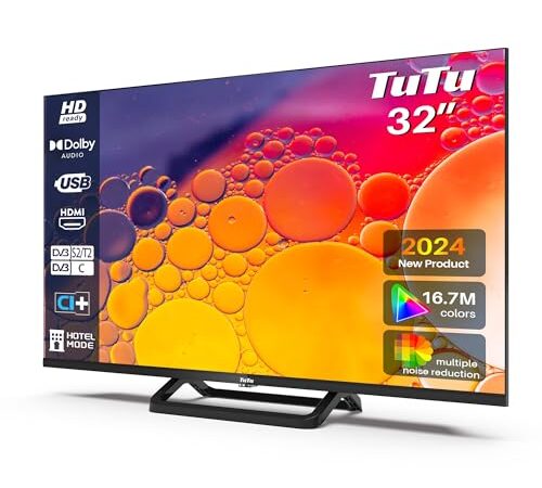 TuTu Téléviseurs 32 Pouces (80 cm) LED Central Pied TV HD Ready Triple Tuner (DVB-C / T2 / S2), HDMI x2, CI+, Lecteur multimédia USB 2.0, Mode hôtel, Dolby Audio, 2024