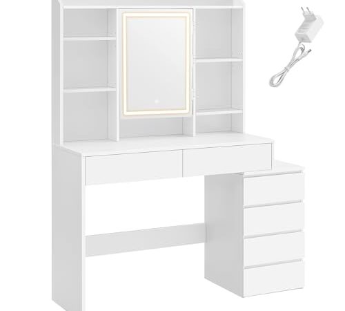 VASAGLE Coiffeuse, Grand Miroir LED à Luminosité Réglable, Table de Maquillage avec Miroir, Compartiments Ouverts, Étagères Réglables, Moderne, Blanc Nuage RDT624W01